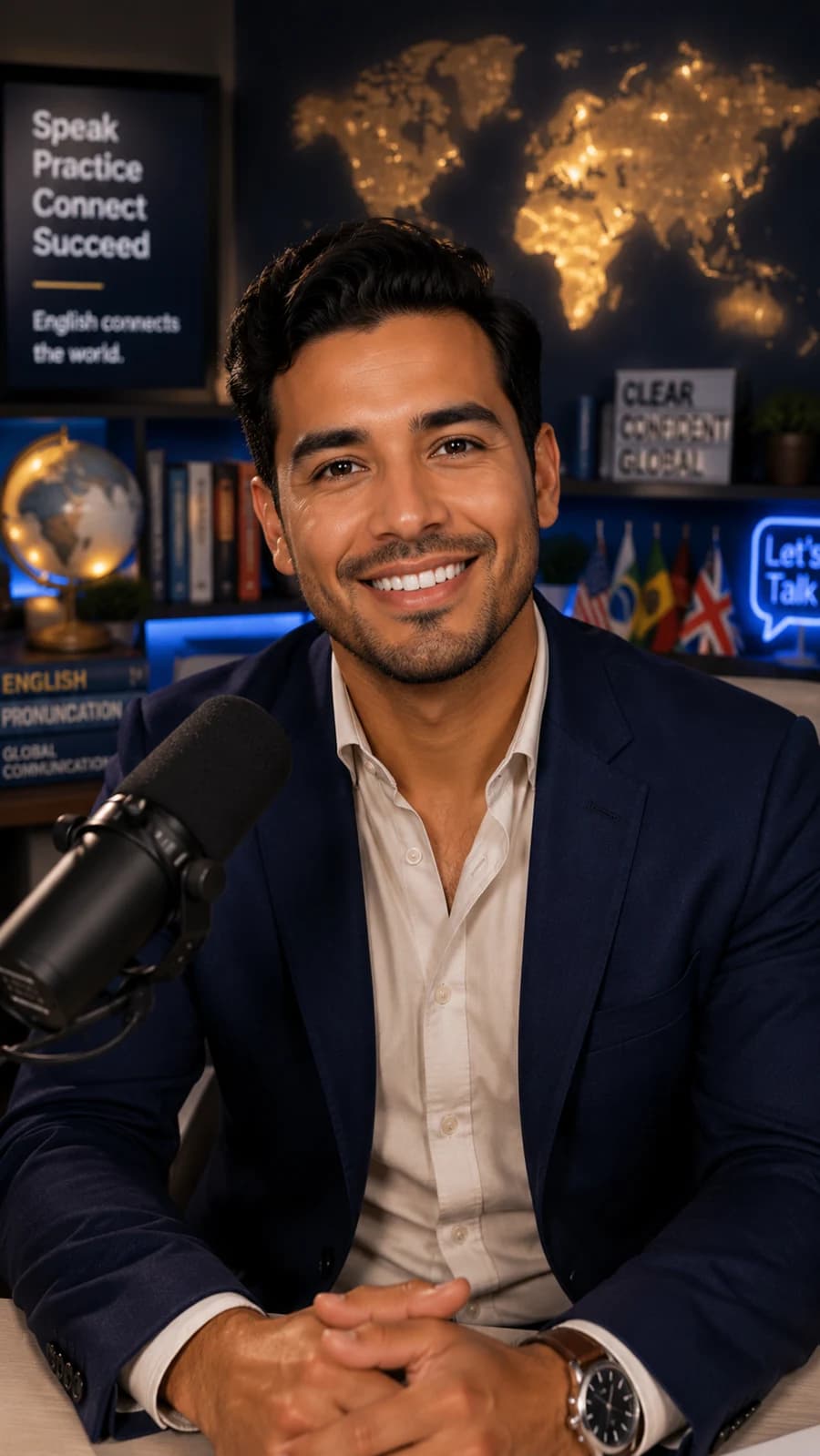 Mr. Diego in his studio, seated in front of a lit world map.
