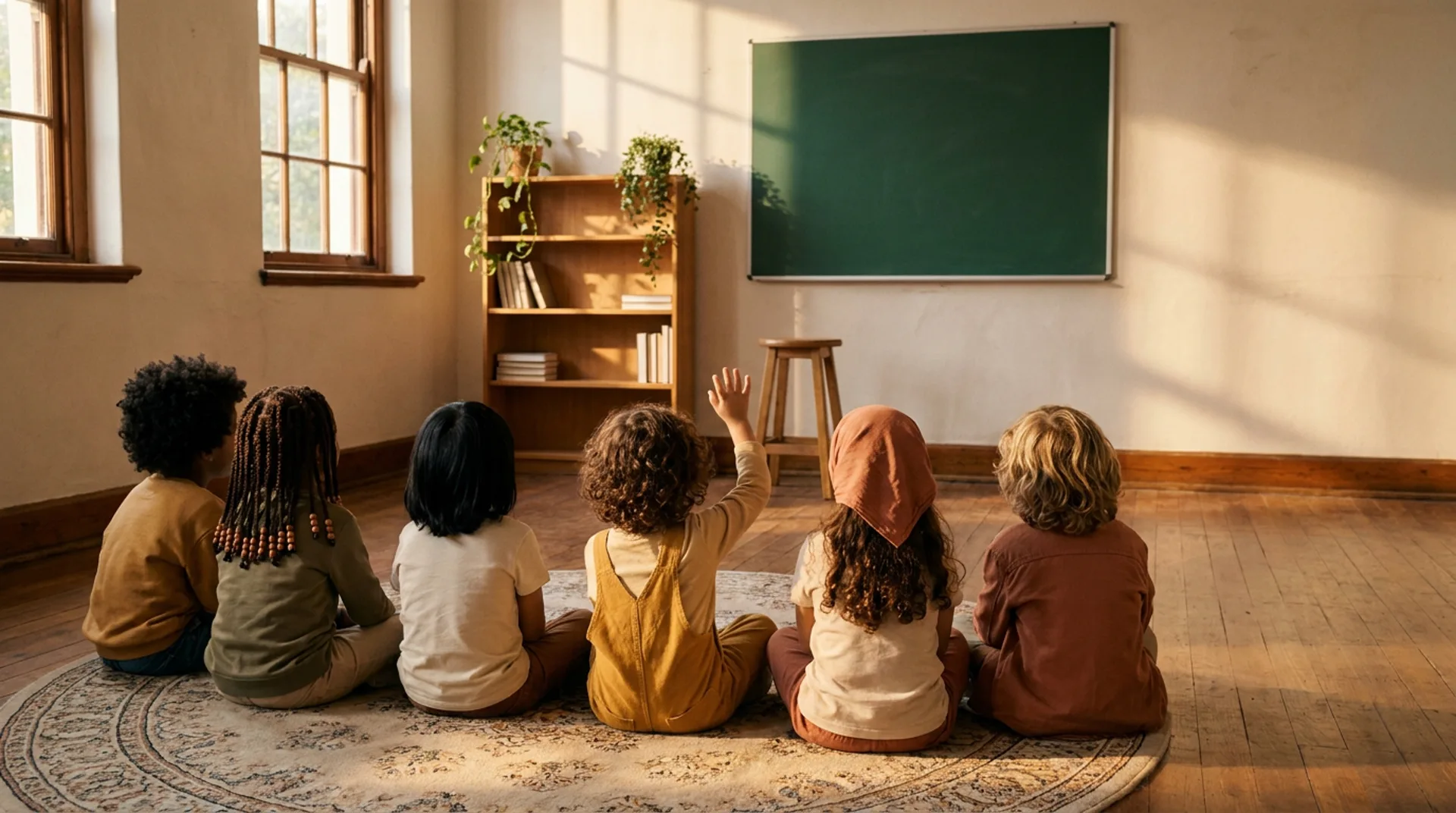 Six children sitting together on a rug, seen from behind, listening at the front of a warm classroom.